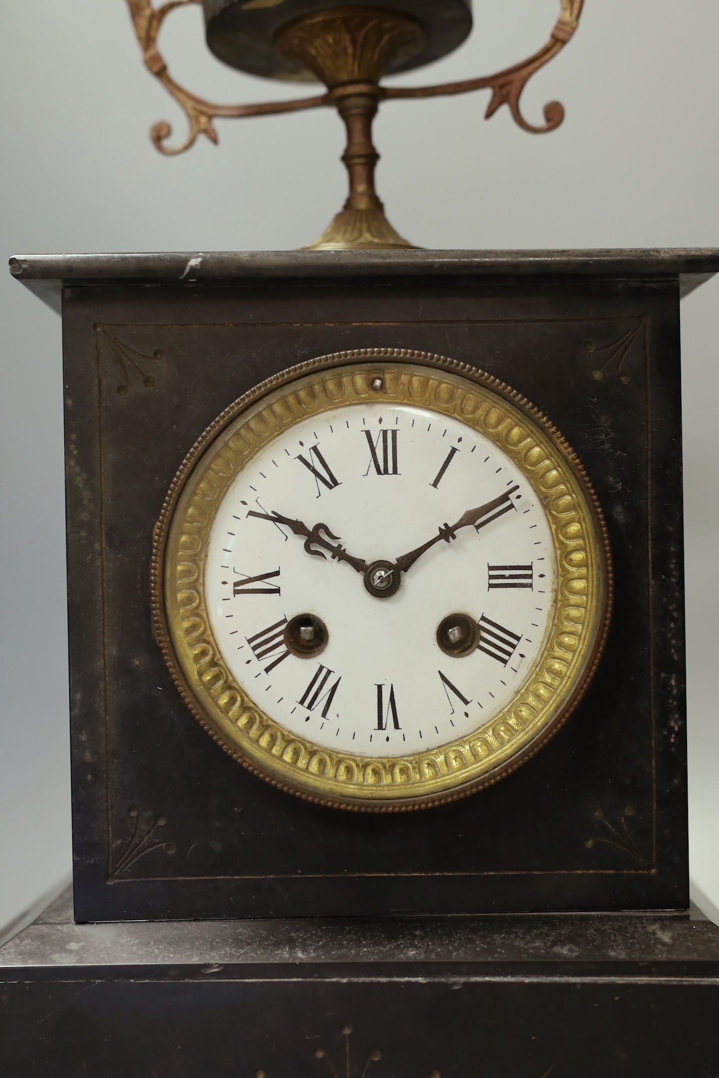 A Victorian black slate mantel clock - 41.5cm tall